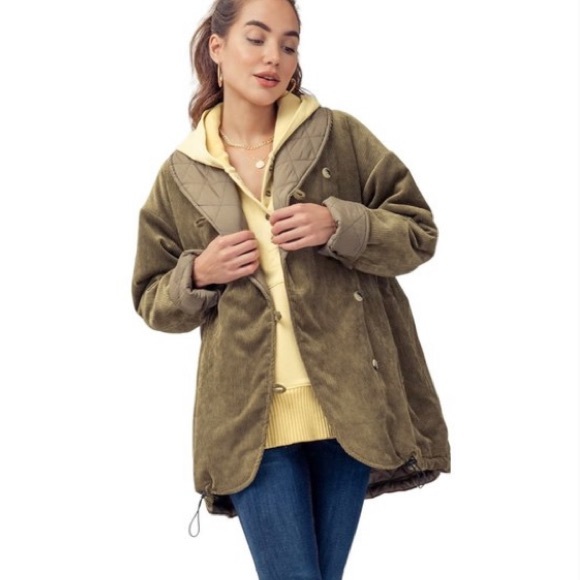 Oversized Shawl Collar Corduroy Coat, olive, off-center buttons, super soft! - Picture 3 of 3